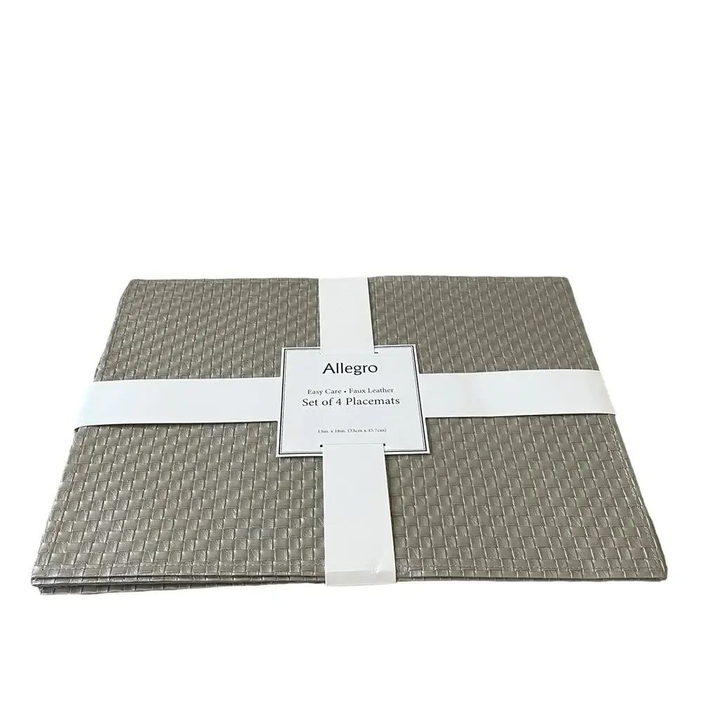 Allegro Metallic Silver Faux Leather Placemats 13x18 Set of 4 Holiday Glam NEW